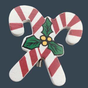 Christmas Candy Cane Pin Brooch Holly Vintage Holiday Jewelry Handcrafted Wood
